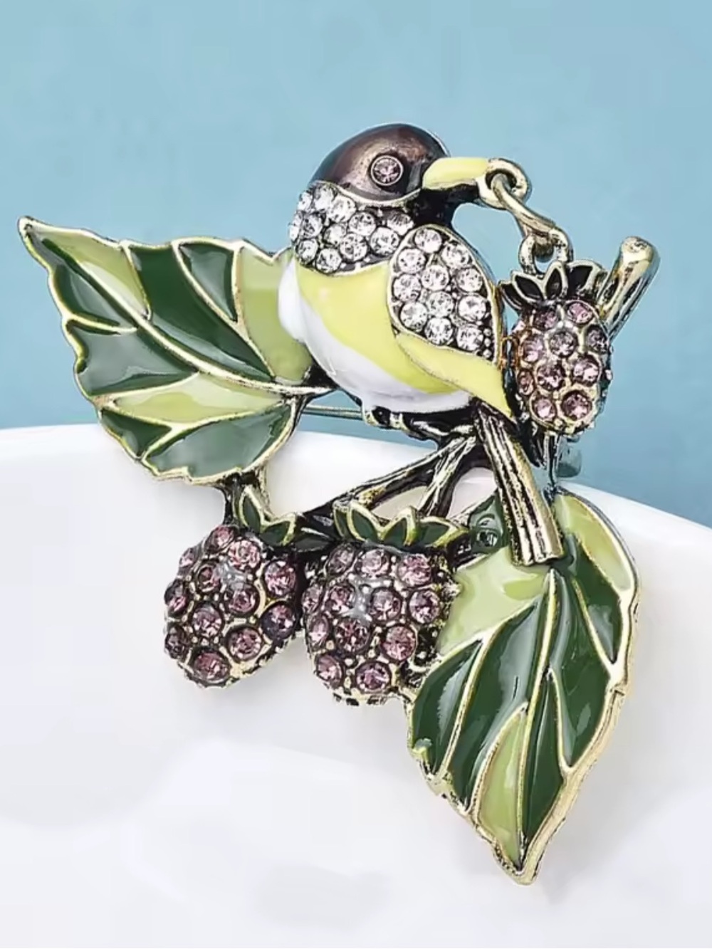 Green Bird Berry Crystal Brooch